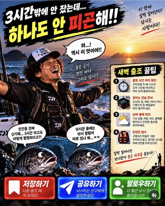 새벽 출조 꿀팁 카드뉴스 그림