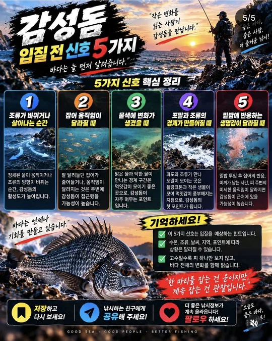 감성돔 입질 전 신호 5가지 카드뉴스 그림