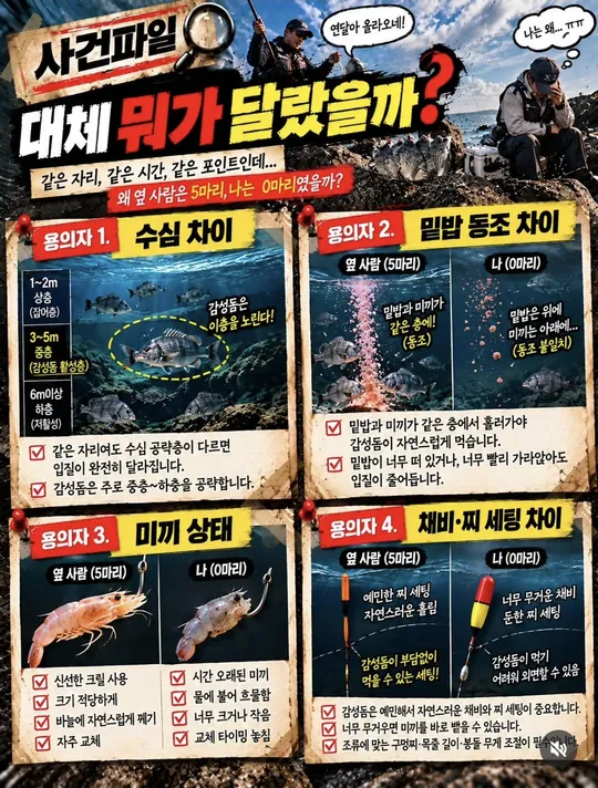 무엇이 달랐을까 — 수심·밑밥·미끼·채비 카드뉴스 그림