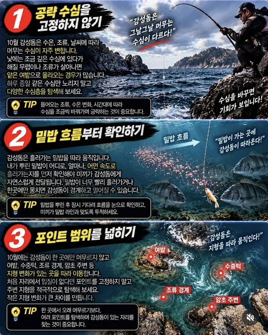 10월 감성돔 — 수심·밑밥·포인트 카드뉴스 그림