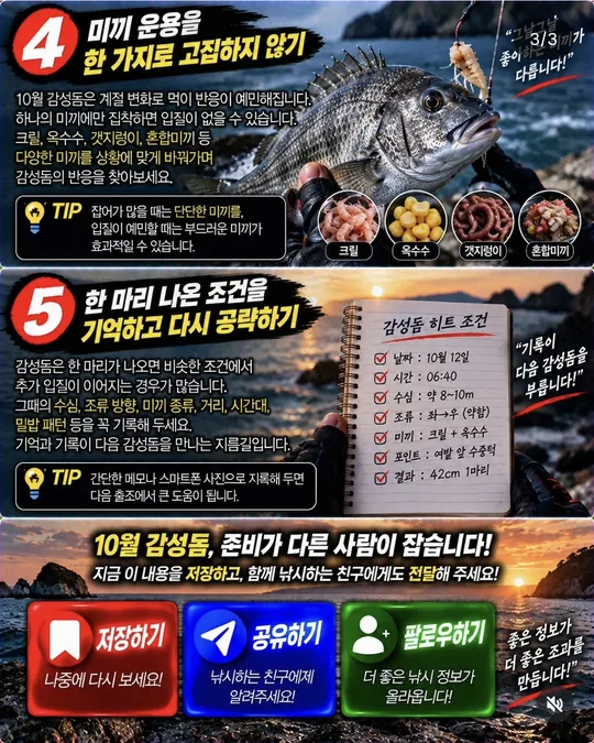 10월 감성돔 — 미끼 운용·기록 카드뉴스 그림