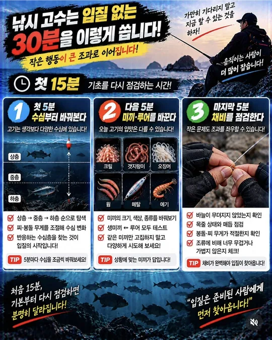 입질 없는 30분 — 처음 15분 카드뉴스 그림