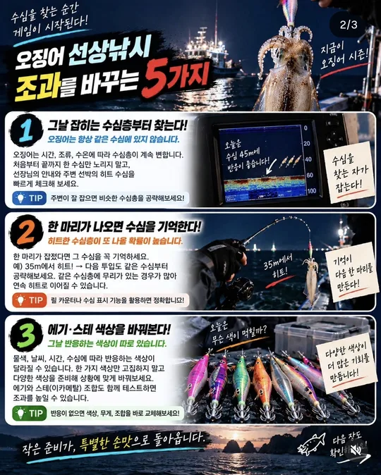 오징어 선상낚시 조과를 바꾸는 것 1~3 카드뉴스 그림