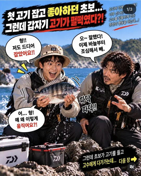 초보와 고수 — 펄떡이는 첫 감성돔 (1) 카드뉴스 그림