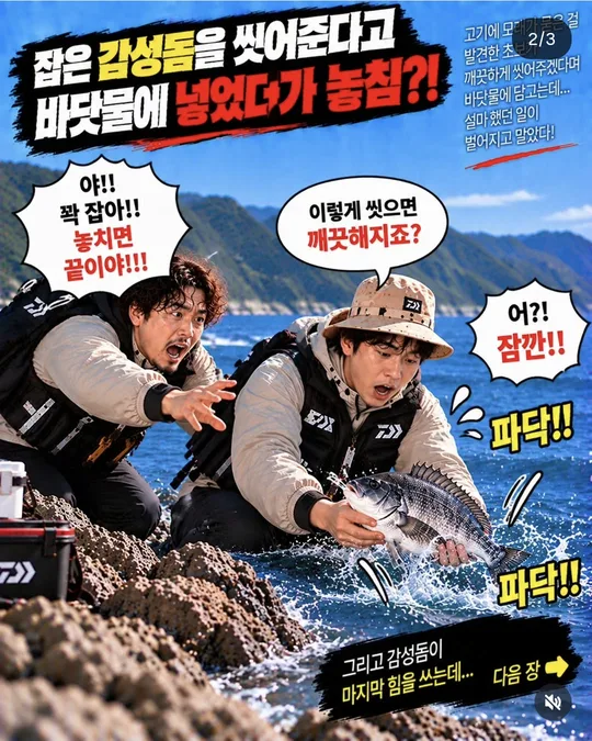 초보와 고수 — 감성돔 씻기 (2) 카드뉴스 그림